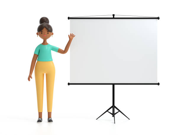 Cartoon characters standing near projector screen stock photo