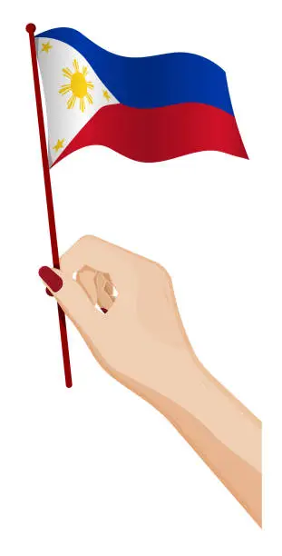 Vector illustration of Female hand gently holds small Flag of Republic of Philippines. Holiday design element. Cartoon vector on white background