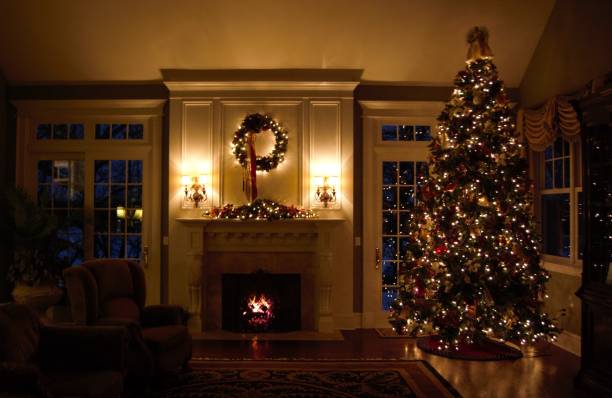 크리스마스 이브 거실 - christmas tree christmas fireplace christmas lights 뉴스 사진 이미지