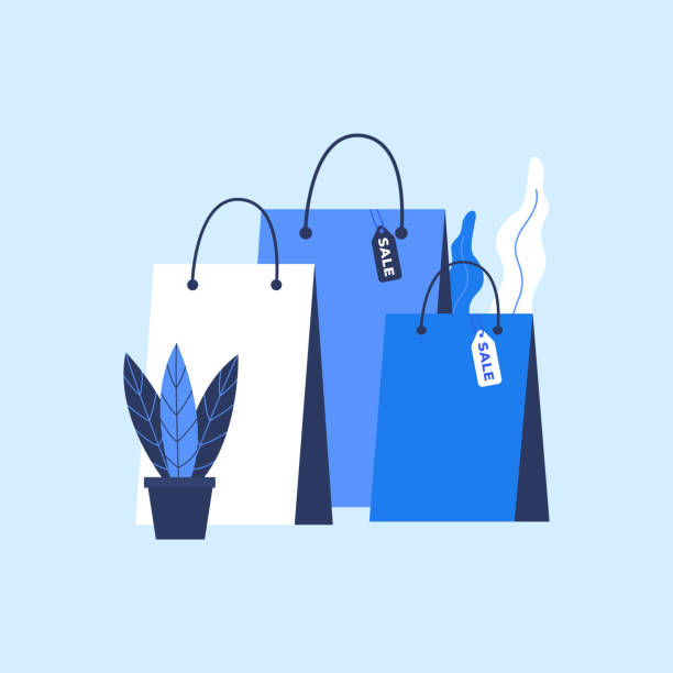 ilustraciones, imágenes clip art, dibujos animados e iconos de stock de bolsa de compras con etiqueta de venta en estilo plano. - adicto a las compras