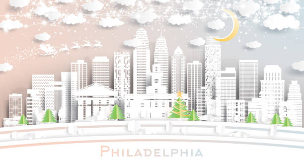 ilustraciones, imágenes clip art, dibujos animados e iconos de stock de philadelphia pennsylvania usa city skyline en estilo de corte de papel con copos de nieve, luna y guirnalda de neón. - philadelphia