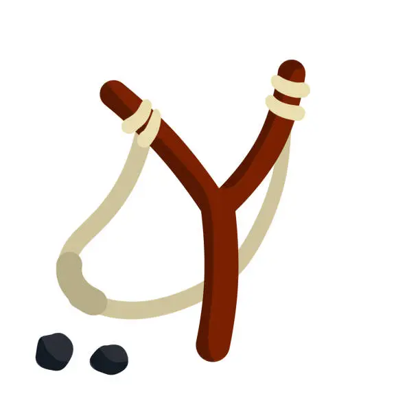 Vector illustration of Slingshot. Wooden catapult. Children toy for throwing stones.