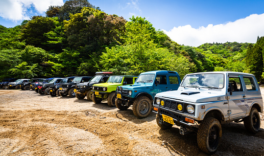 June/17/2020 Yunoyama mountain, Komono in Mie prefecture. A group of Suzuki Jimny's meet up each month to go off roading in the mountains in various areas. Suzuki Jimny has been in production since 1970 and is still in production today. They are very popular for off roading in Japan due to their small size, abundant parts and great weight to power ratio.