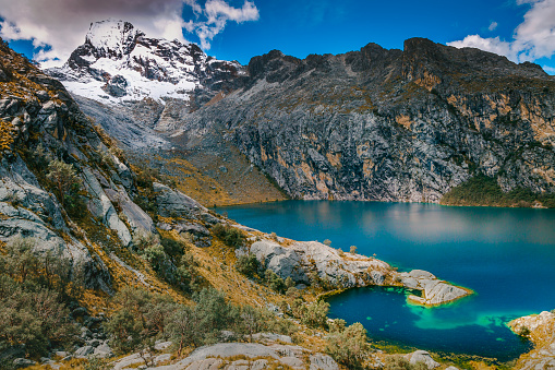 Churup lagoon and snowcapped Cordillera Blanca – Ancash, peruvian Andes, Peru