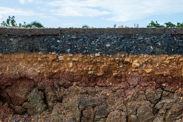 The layers of soil and rock of road. stock photo