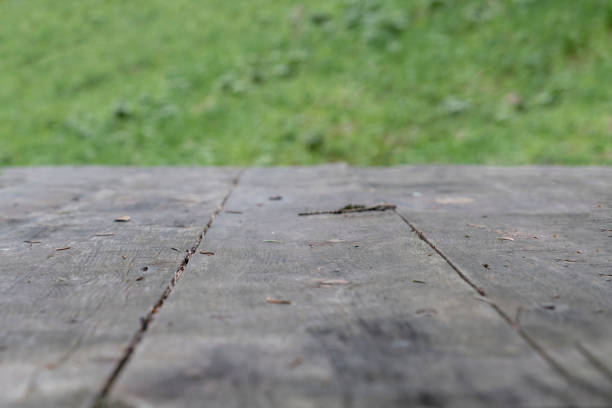 istock Wooden table in perspective with green grass background, selective focus. 1288761432