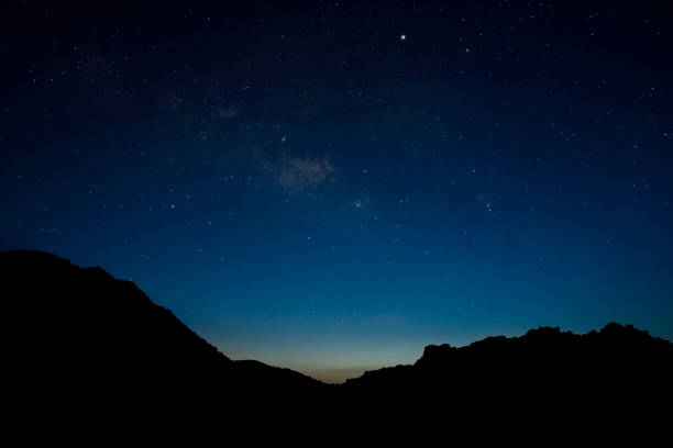istock The blue sky with star is above the silhouette mountain 1288761435