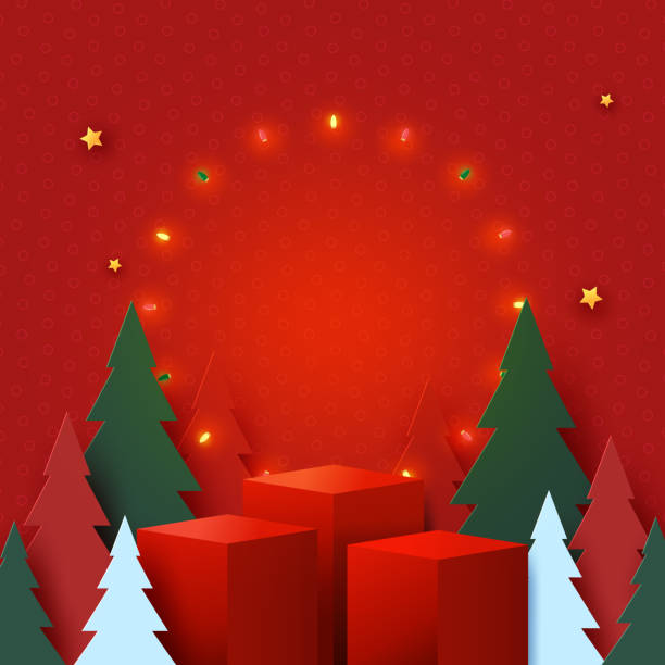 istock Merry Christmas and Happy new year concept.Red podium decorated with christmas tree,light and stars on red background. 1288762060
