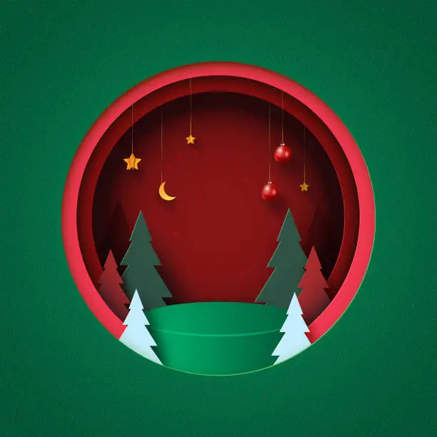 Vector illustration of Merry Christmas and Happy new year background.Green podium in Red circle decorated with christmas tree,christmas ball and stars.