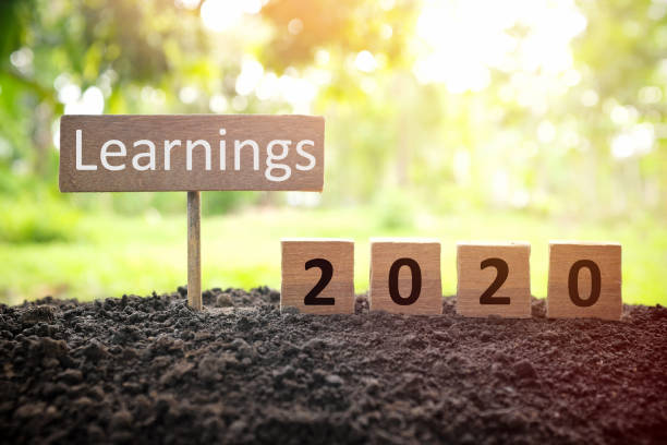 istock Life lessons and learnings from the year 2020 concept. A tree branch with a single remaining last leaf hanging beside a 2020 learning in wooden blocks at sunset. 1288762757