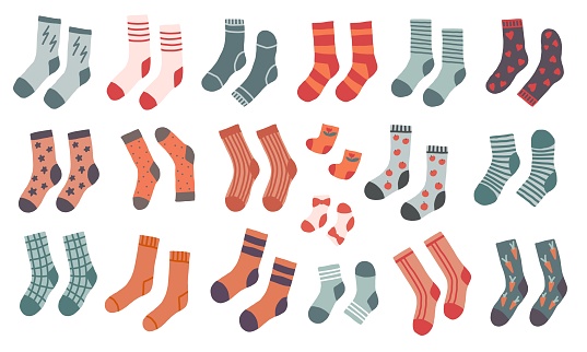 Set of pairs of doodle socks. Winter trendy clothing items with different texture and color.