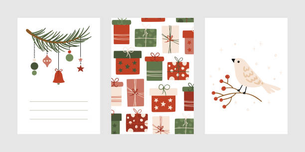 satz von weihnachts-grußkarten - weihnachtsgeschenke stock-grafiken, -clipart, -cartoons und -symbole