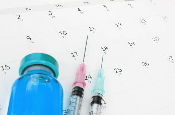 istock Vaccine and syringes on calendar. 1288774703