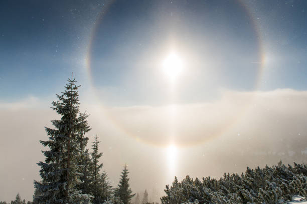 istock Halo effect around winter morning sun, clouds inversion and snow covered trees 1288775709