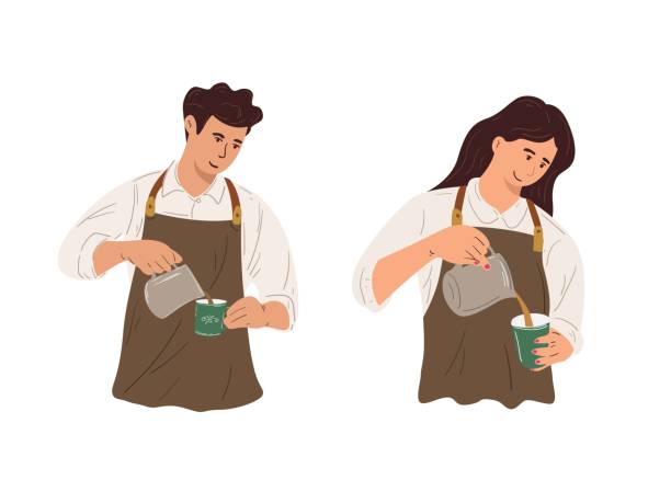 Vector illustration man and woman workers working as coffee shop baristas, baristas pouring and processing coffee preparations. Vector illustration man and woman workers working as coffee shop baristas, baristas pouring and processing coffee preparations. barista stock illustrations