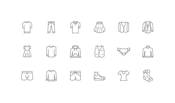 Vector illustration of Editable Icon Concepts. Pant, Dress, Shirt, T-Shirt, Shoes Icon Design