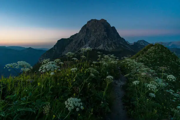 Fantastic sunset tour on the beautiful panoramic mountain Hoferspitze near Schrocken in the Allgau Alps, Kleinwalsertal