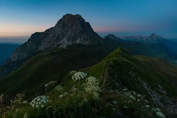 Fantastic sunset tour on the beautiful panoramic mountain Hoferspitze near Schrocken in the Allgau Alps, Kleinwalsertal