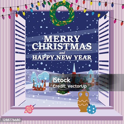 istock Merry Christmas Window view on winter town, village christmas tree, New Year retro toys decorations. Vector illustration cartoon flat style 1288776680