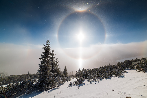 Halo effect around winter morning sun, clouds inversion and snow covered trees
