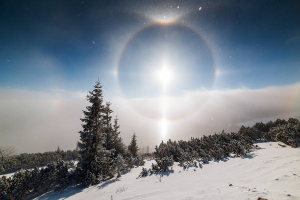 Halo effect around winter morning sun, clouds inversion and snow covered trees Halo effect around winter morning sun, clouds inversion and snow covered trees sundog stock pictures, royalty-free photos & images