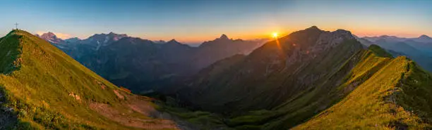 Fantastic sunset tour on the beautiful panoramic mountain Hoferspitze near Schrocken in the Allgau Alps, Kleinwalsertal