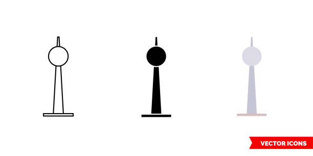 berliner tv-tower-ikone von 3 arten farbe, schwarz und weiß, umriss. isoliertes vektorzeichensymbol - berlin alexanderplatz stock-grafiken, -clipart, -cartoons und -symbole