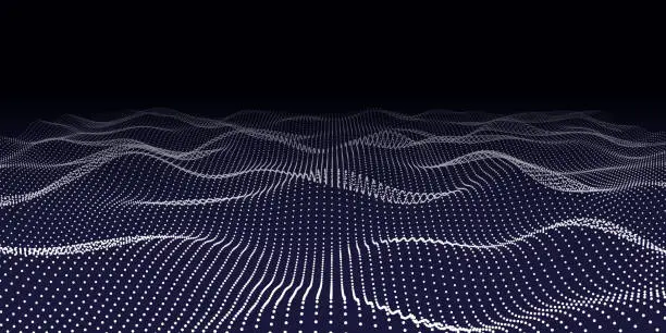 Vector illustration of Abstract background from particle flow in twisty lines on dark. Futuristic waveform element. Vector illustration.