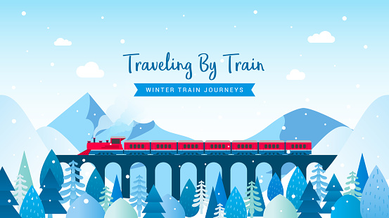Traveling By Train - winter train journeys vector illustration. Red train in winter mountain landscape.