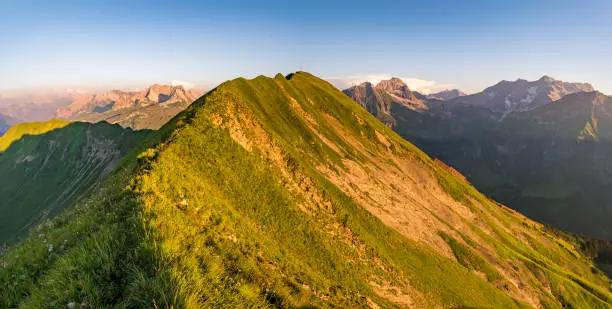 Fantastic sunset tour on the beautiful panoramic mountain Hoferspitze near Schrocken in the Allgau Alps, Kleinwalsertal