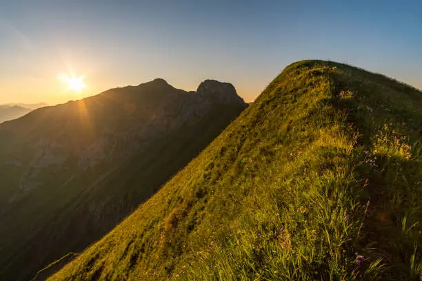 Fantastic sunset tour on the beautiful panoramic mountain Hoferspitze near Schrocken in the Allgau Alps, Kleinwalsertal