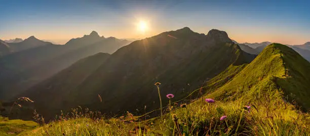 Fantastic sunset tour on the beautiful panoramic mountain Hoferspitze near Schrocken in the Allgau Alps, Kleinwalsertal