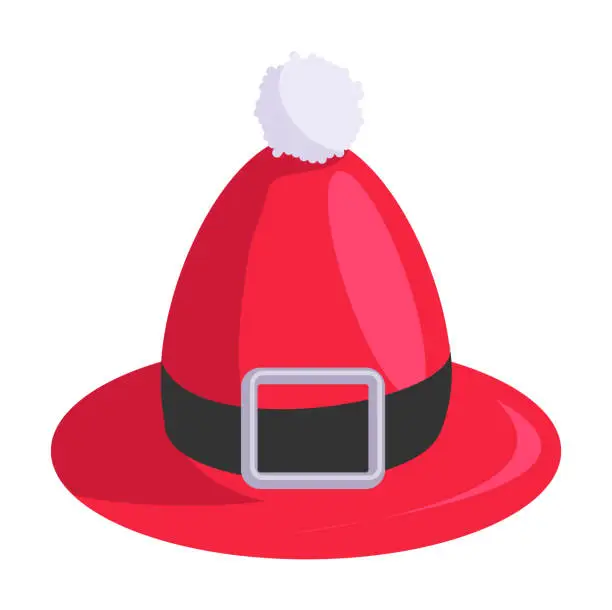 Vector illustration of Red elf hat with fur ball and belt isolated on white