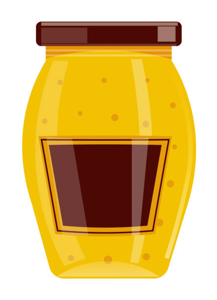 흰색에 고립 된 유리 병에 겨자 소스 - jar pesto sauce packaging food stock illustrations