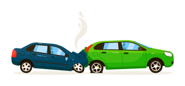 Two car rear end collision on white road background Rear end collision. Two isolated vector car impact on white road background. Rear end traffic collision illustration car crash accident cartoon stock illustrations