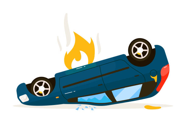 Vector car on roof side view isolated on white Car on roof. Isolated vector car flipped turned over after dangerous road accident illustration on white background. Vehicle wreck and destruction Distracted stock illustrations