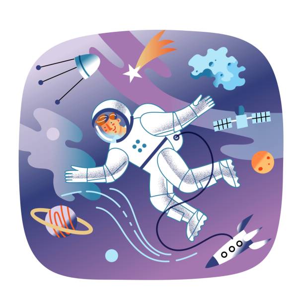 istock Astronaut floating in space outside spaceship. Happy man in spacesuit looking at night sky with planets, comets, satellites. Moon and planet travel explration vector illustration 1288785904