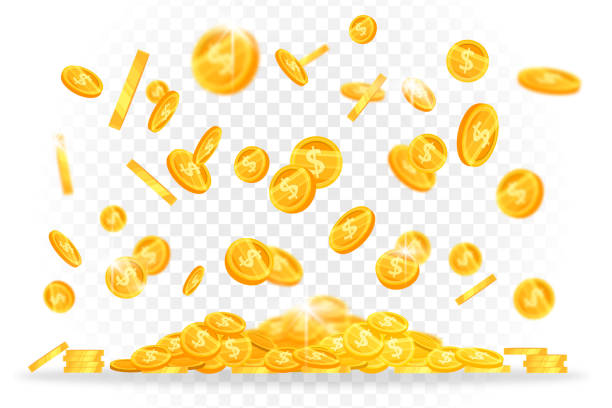 illustrations, cliparts, dessins animés et icônes de les pièces d’or de dollar pleuvent la bannière de financement vectorielle avec l’argent brillant de lévitation sur le fond transparent. - currency abundance backgrounds banking