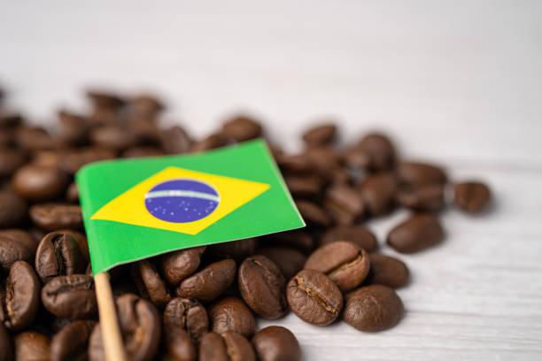 istock Brazil flag on coffee beans; import export drink food concept. 1288789390