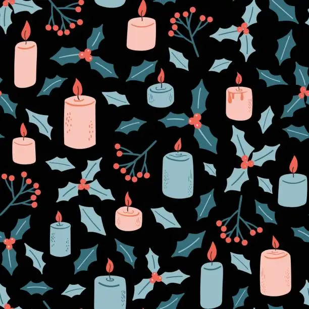 Vector illustration of Seamless Christmas vector pattern with candles and mistletoe.