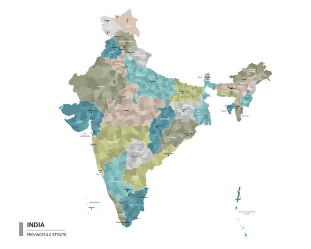 India higt detailed map with subdivisions. Administrative map of India with districts and cities name, colored by states and administrative districts. Vector illustration. India higt detailed map with subdivisions. Administrative map of India with districts and cities name, colored by states and administrative districts. Vector illustration. assam stock illustrations