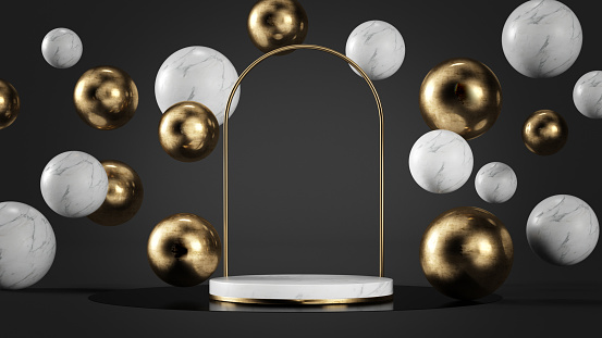Luxury White marble and gold platform surrounded by bubbles 3d rendering mock up