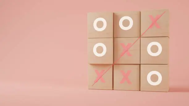 Tic tac toe wood cubes 3d rendering in a pink plain background