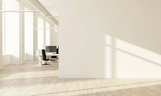 Concept for new office: White wall at ofice hall 3d rendering interior