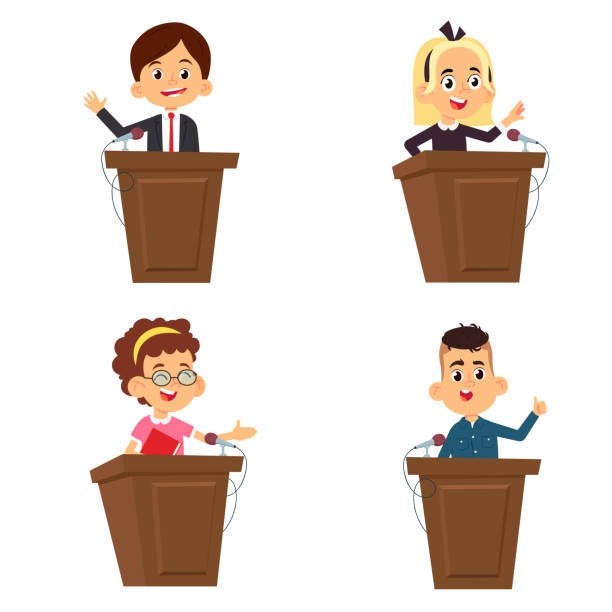 Cartoon Schoolchildren Make A Speech While Standing On The Podium Elections  To The School Council Presidency Report From The Podium Stock Illustration  - Download Image Now - iStock