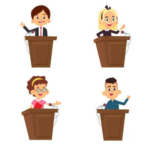 Vector illustration of cartoon schoolchildren make a speech while standing on the podium. elections to the school council, presidency, report from the podium.