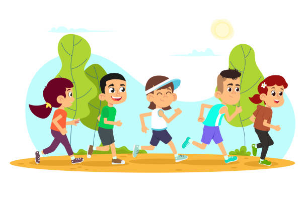 illustrazioni stock, clip art, cartoni animati e icone di tendenza di i bambini corrono. ragazzi e ragazze carini che fanno jogging nel parco. - child running sport sports race