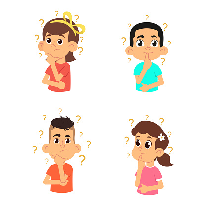 children think. cute boys and girls asking questions. vector illustration