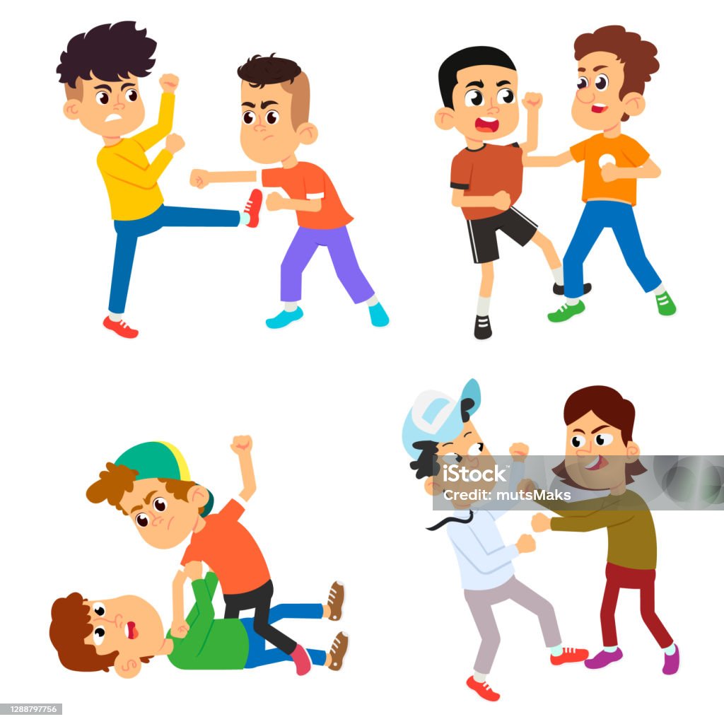 Aggressive Bully Kids Fight Bullying Children Cartoon Characters Set  Childhood Aggression Violence Stock Illustration - Download Image Now -  iStock
