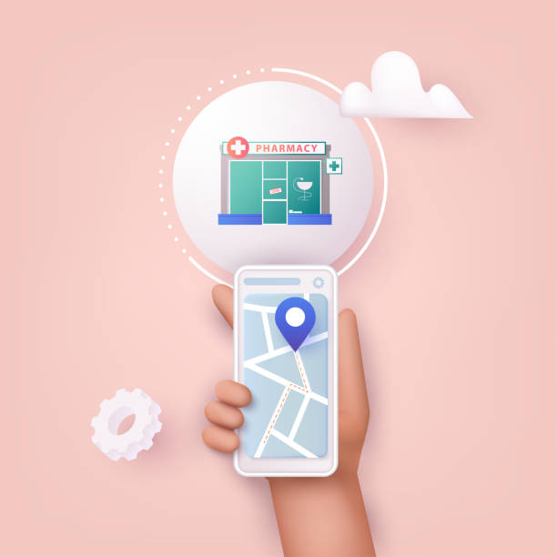 3D Web Vector Illustrations. Hand holding mobile smart phone with application search pharmacy. Find closest on city map. 3D Web Vector Illustrations. Hand holding mobile smart phone with application search pharmacy. Find closest on city map. kiosk illustrations stock illustrations